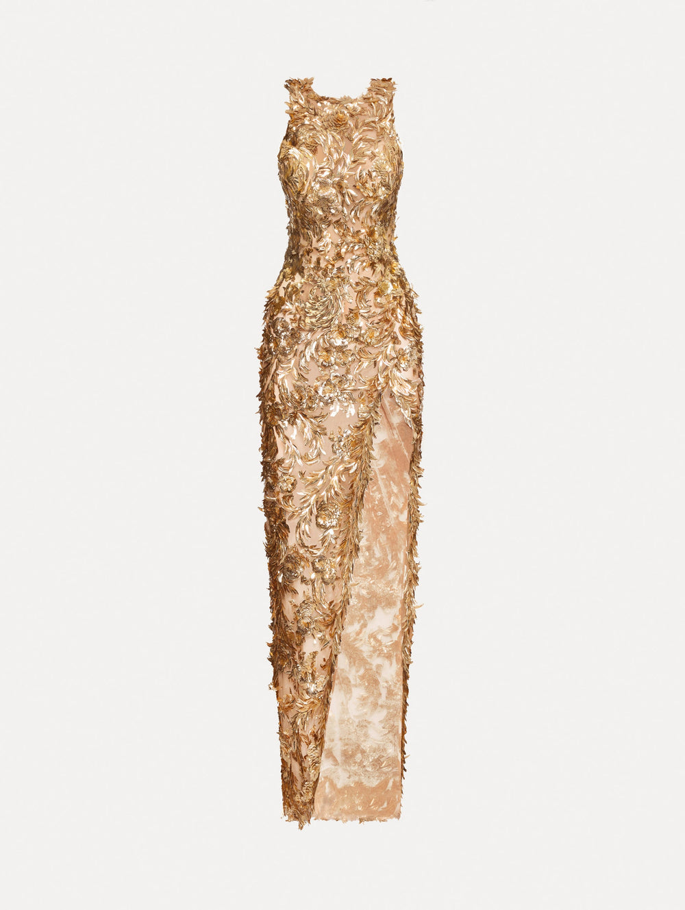 Oscar de la Renta Baroque Sequin Leaves Embroidered Gown