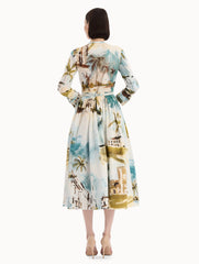 Oscar de la Renta Dominican Landscape Cotton Poplin Short-Sleeve Dress