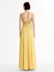 Oscar de la Renta Porcelain Flower Embroidered Sleeveless Gown