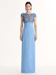Oscar de la Renta Porcelain Flower Embroidered Cap-Sleeve Gown