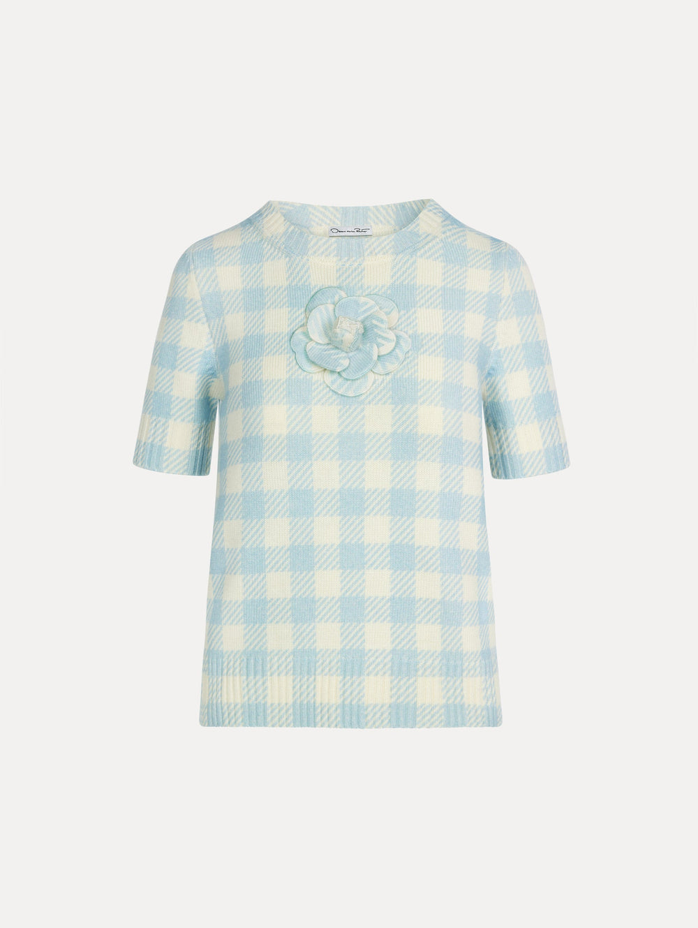 Oscar de la Renta Gingham Pullover with Floral Appliqué