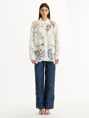 Oscar de la Renta Porcelain Flower Guipure Blouse