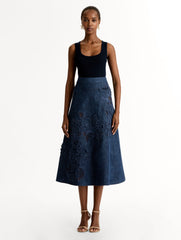 Oscar de la Renta Porcelain Flower Cutout Denim Skirt