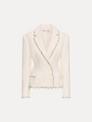 Oscar de la Renta Floral Jeweled Fringe Tweed Jacket