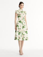 Oscar de la Renta Chiné Cyclamen Cotton Poplin Cap Sleeve Dress