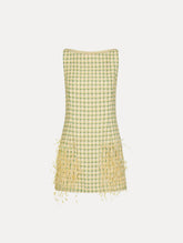 Oscar de la Renta Point d’Esprit Feather Embroidered Checked Tweed Dress