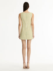 Oscar de la Renta Point d’Esprit Feather Embroidered Checked Tweed Dress
