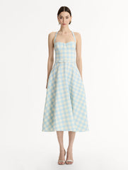 Oscar de la Renta Gingham Bustier Wool-Blend Dress
