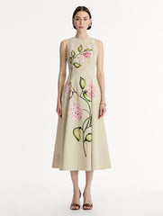 Oscar de la Renta Porcelain Flower Cotton Poplin Sleeveless Dress