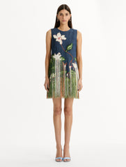 Oscar de la Renta Chiné Cyclamen Threadwork Fringe Shift Dress