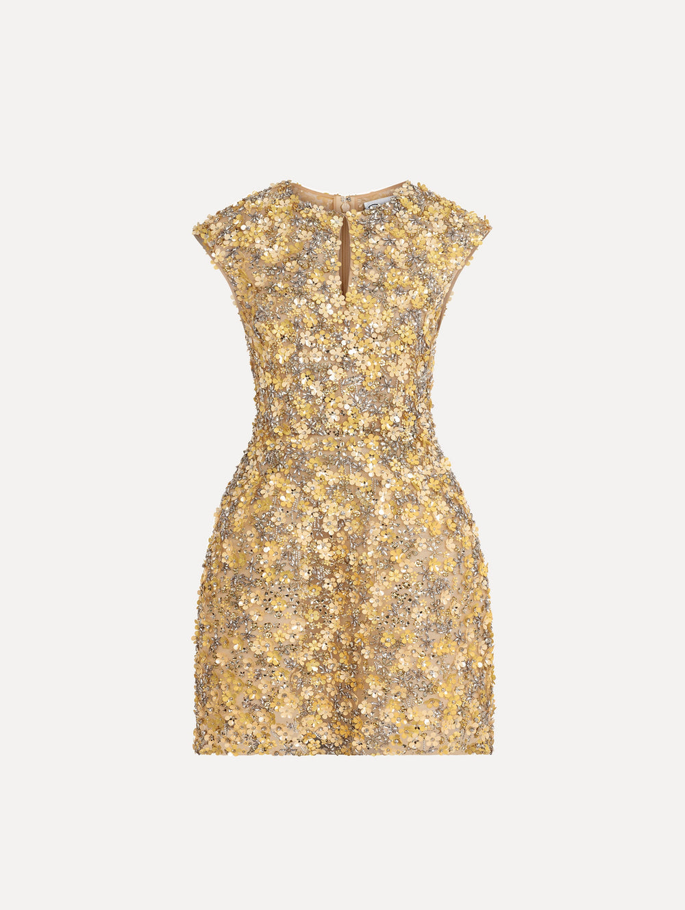 Oscar de la Renta Porcelain Flower Embroidered Cap-Sleeve Dress