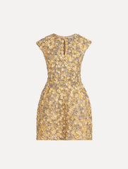 Oscar de la Renta Porcelain Flower Embroidered Cap-Sleeve Dress