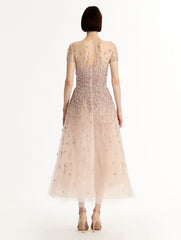 Oscar de la Renta Porcelain Flower Crystal Embroidered Dress