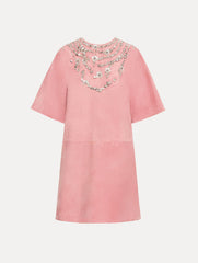 Oscar de la Renta Crystal Necklace Embroidered Suede Dress