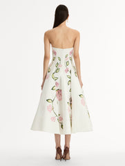 Oscar de la Renta Porcelain Flower Cotton Poplin Strapless Dress
