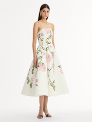 Oscar de la Renta Porcelain Flower Cotton Poplin Strapless Dress