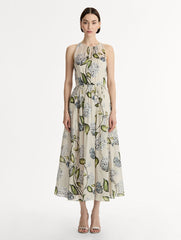 Oscar de la Renta Porcelain Flower Cotton Poplin Pleated Dress