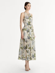 Oscar de la Renta Porcelain Flower Cotton Poplin Pleated Dress