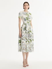 Oscar de la Renta Porcelain Flower Embroidered Cotton Poplin Dress