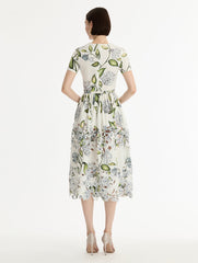 Oscar de la Renta Porcelain Flower Embroidered Cotton Poplin Dress