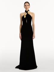 Oscar de la Renta Gold Leaf Embroidered Velvet Gown