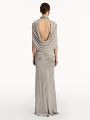 Oscar de la Renta Bugle Bead Lamé Draped Gown
