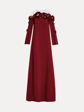Oscar de la Renta Peony Appliqué Illusion Neck Caftan