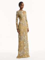 Oscar de la Renta Hibiscus Metallic Guipure Gown