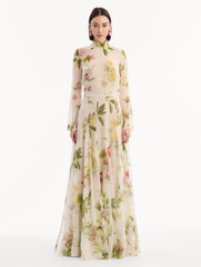 Oscar de la Renta Chiné Dominican Mixed-Floral Chiffon Gown