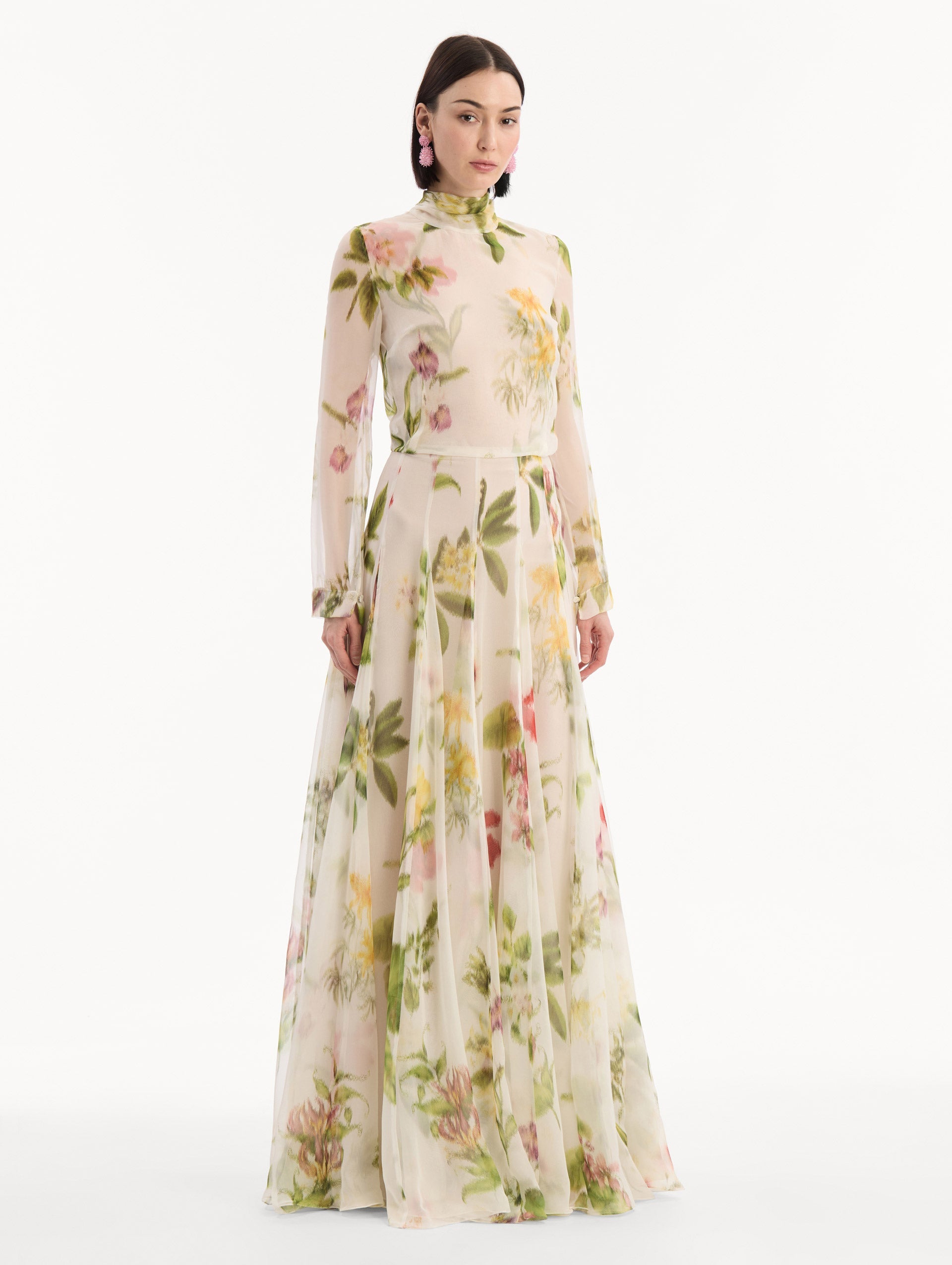 Oscar de la Renta Chiné Dominican Mixed-Floral Chiffon Gown