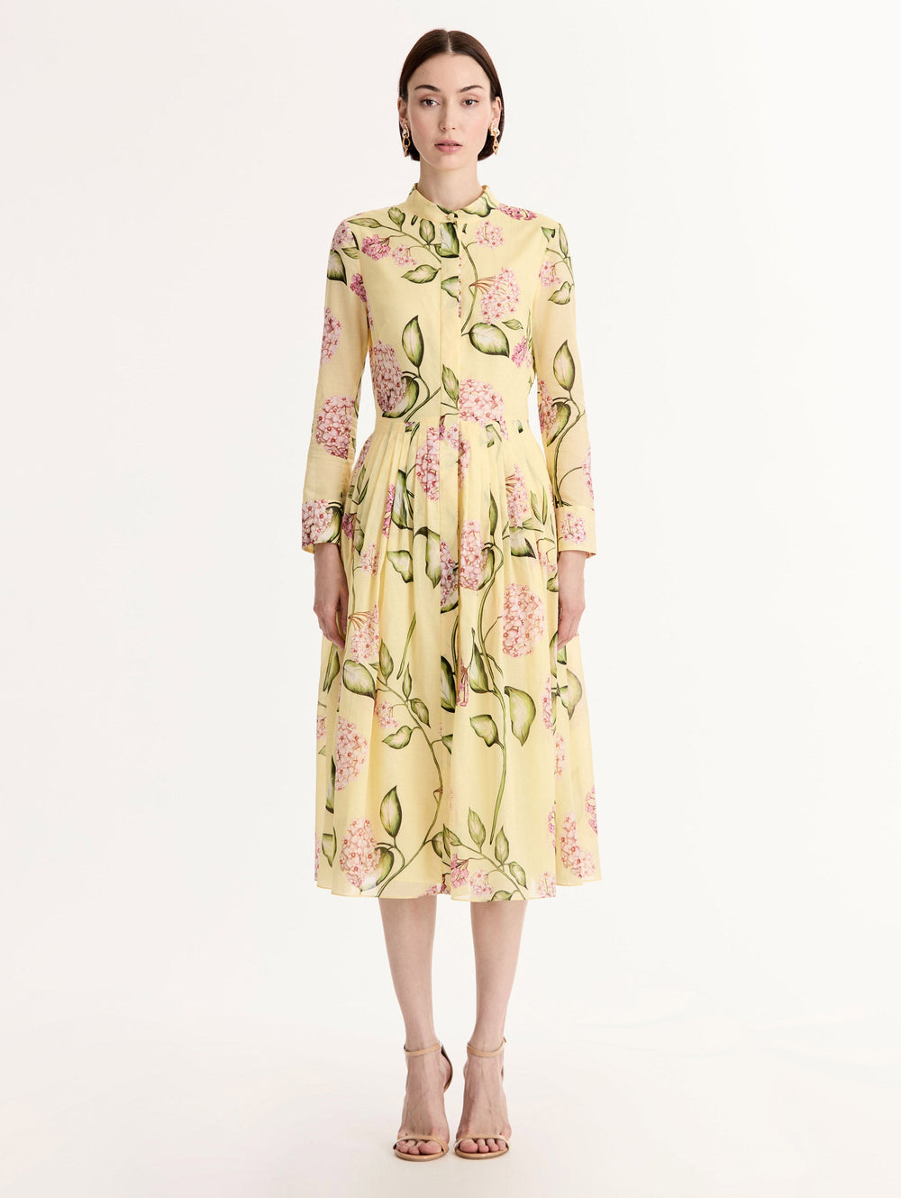 Oscar de la Renta Porcelain Flower Cotton Poplin Long-Sleeve Dress