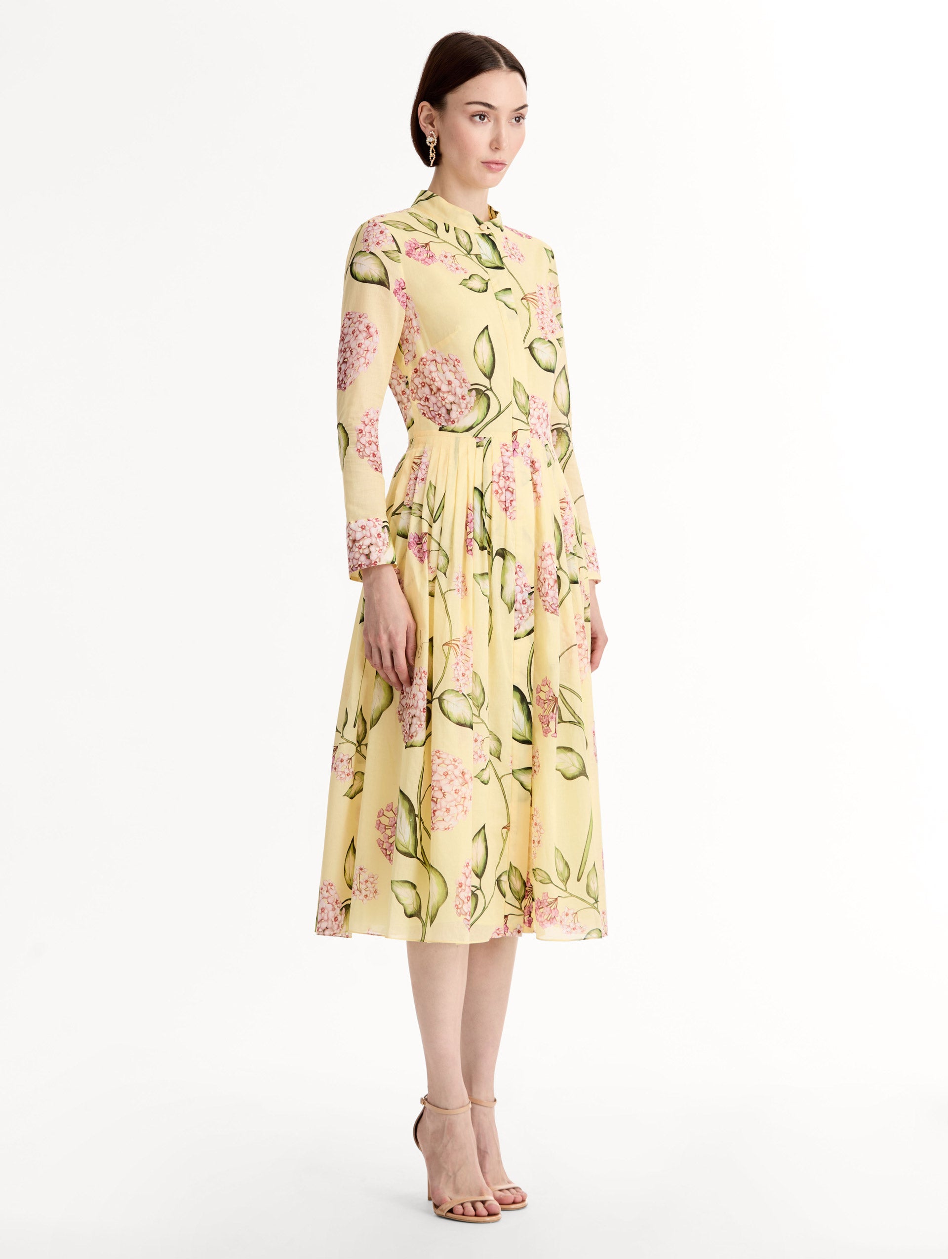 Oscar de la Renta Porcelain Flower Cotton Poplin Long-Sleeve Dress