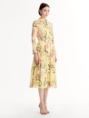 Oscar de la Renta Porcelain Flower Cotton Poplin Long-Sleeve Dress