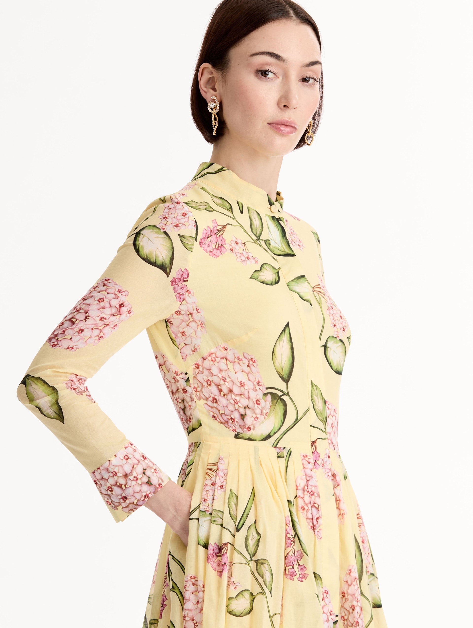 Oscar de la Renta Porcelain Flower Cotton Poplin Long-Sleeve Dress