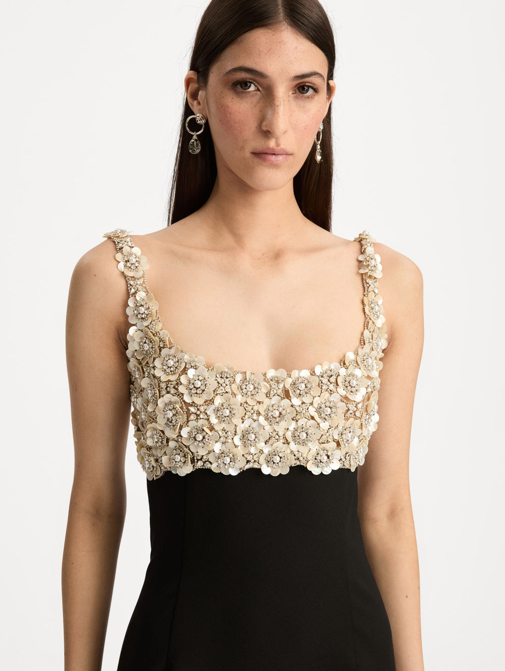Oscar de la Renta Mother of Pearl Embroidered Sleeveless Gown