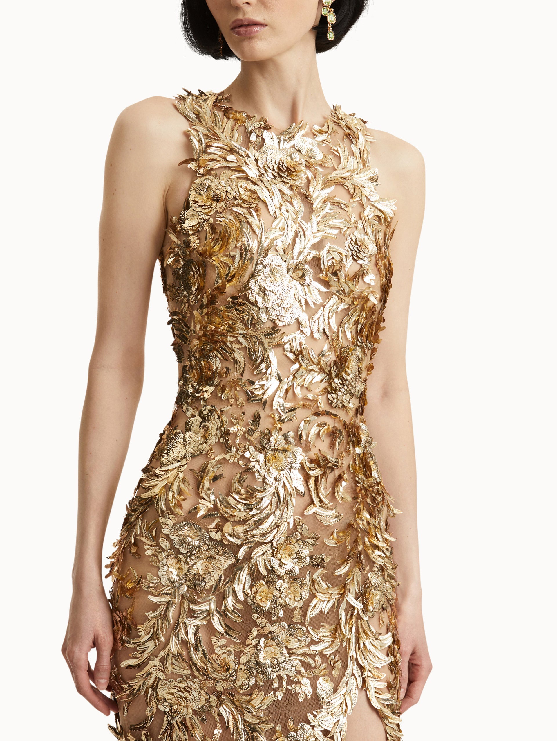 Oscar de la Renta Baroque Sequin Leaves Embroidered Gown
