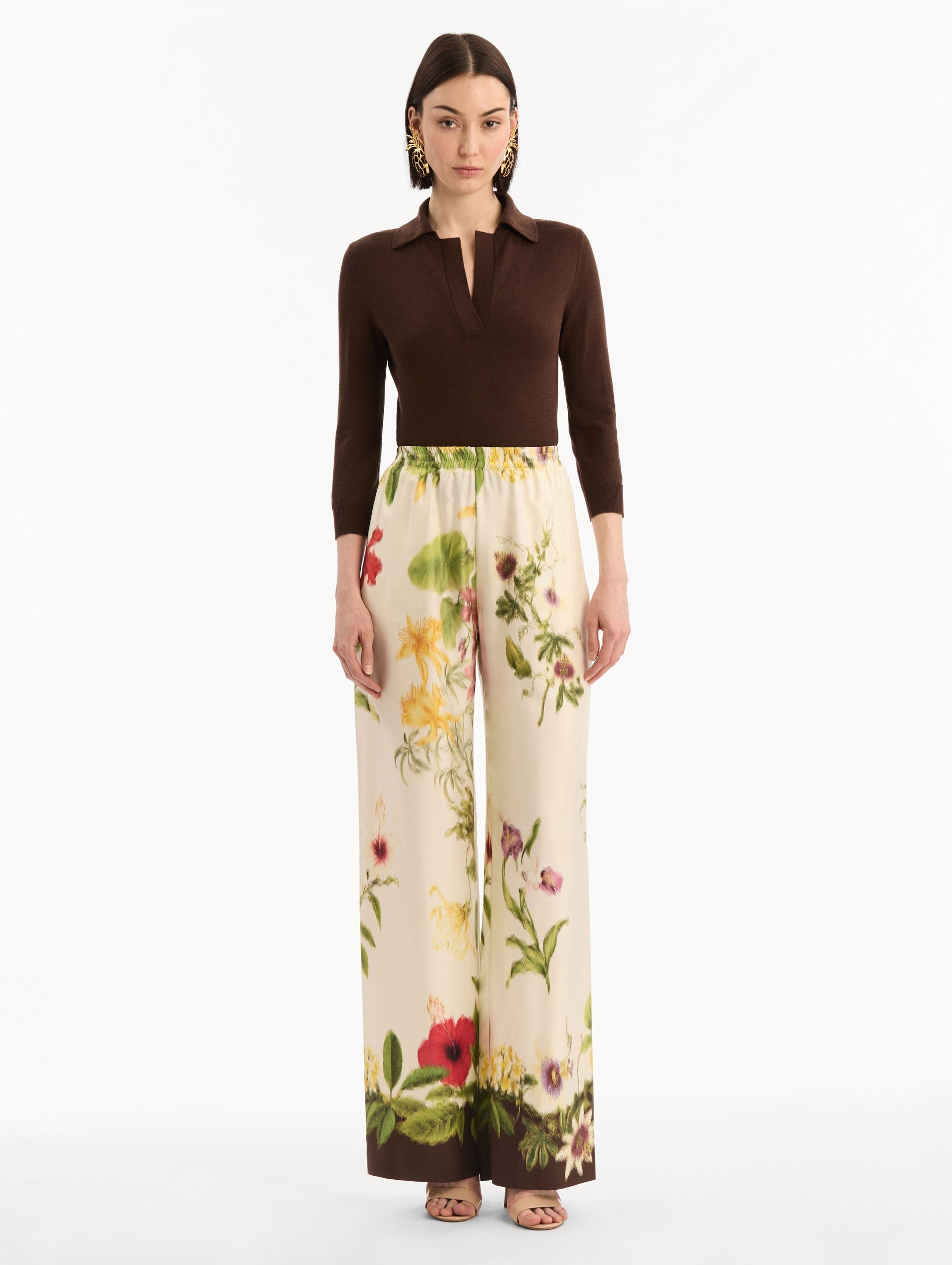 Oscar de la Renta Dominican Mixed-Floral Wide Leg Pant