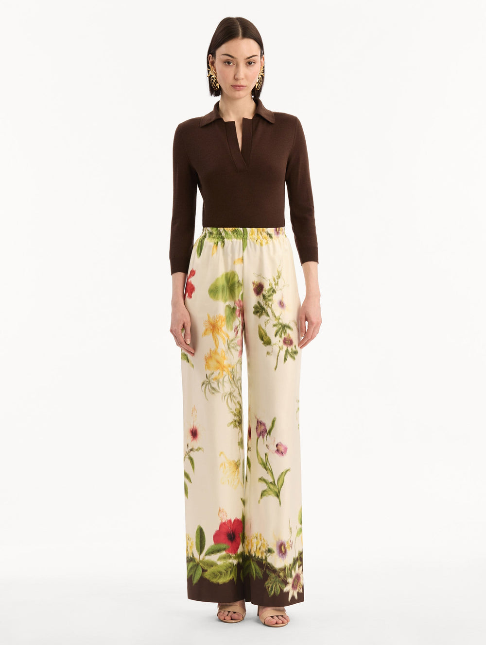 Oscar de la Renta Dominican Mixed-Floral Wide Leg Pant