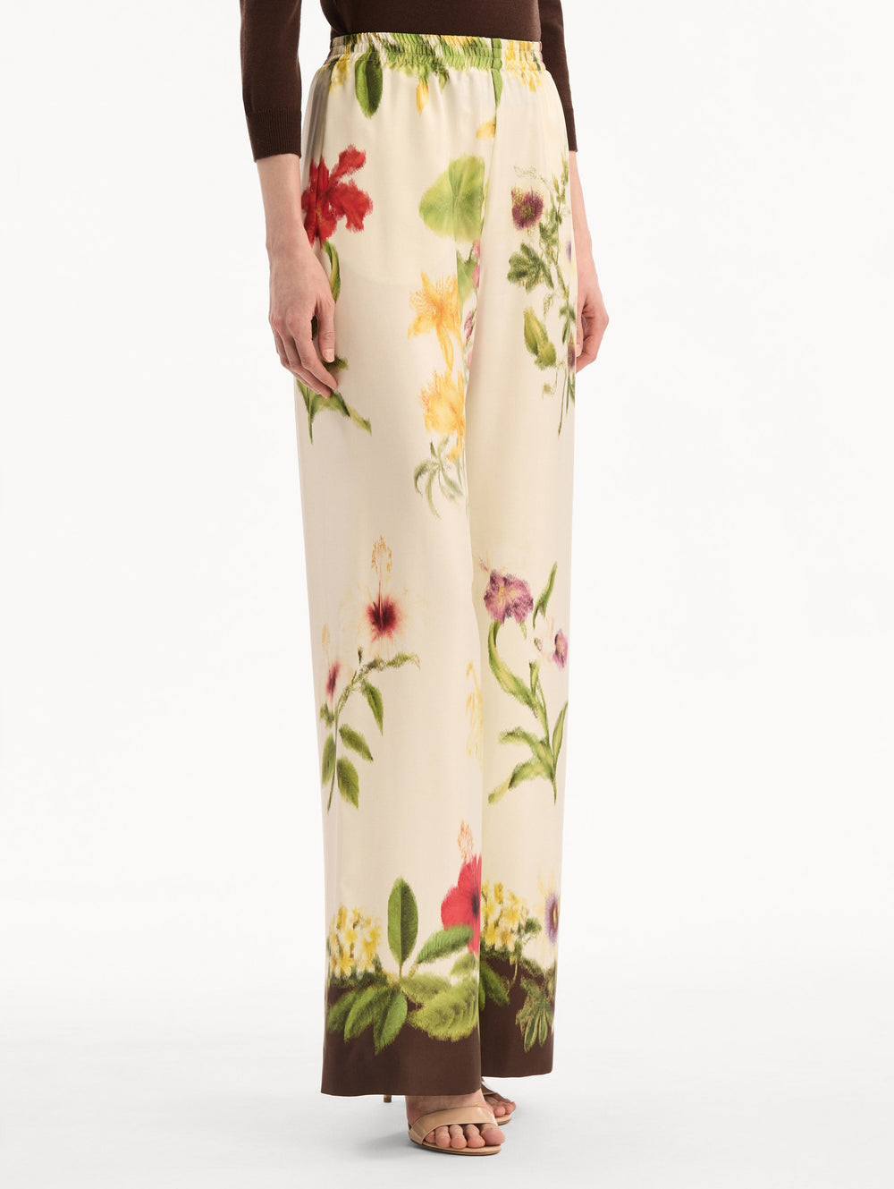 Oscar de la Renta Dominican Mixed-Floral Wide Leg Pant