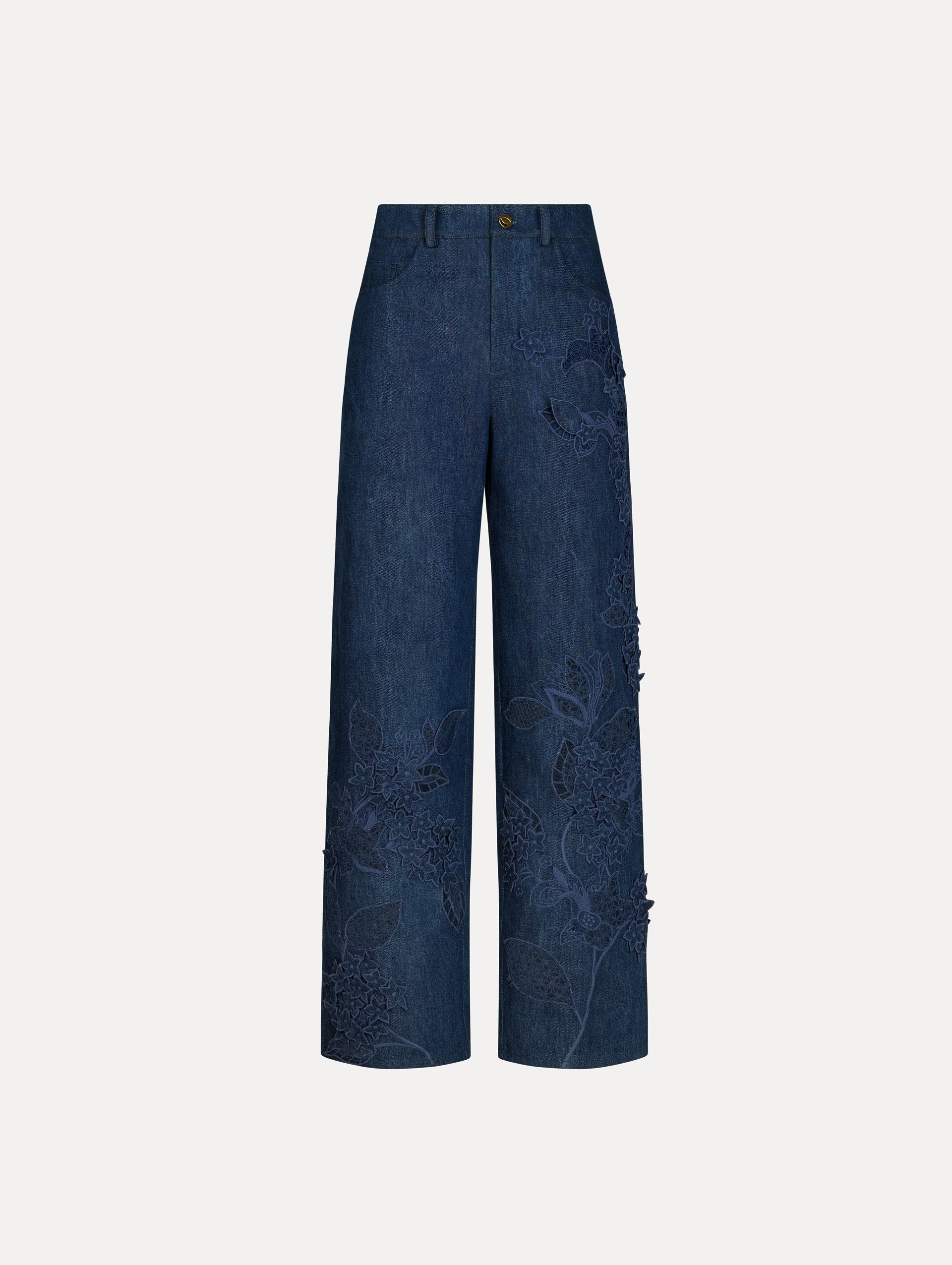 Oscar de la Renta Porcelain Flower Cutout Denim Pant