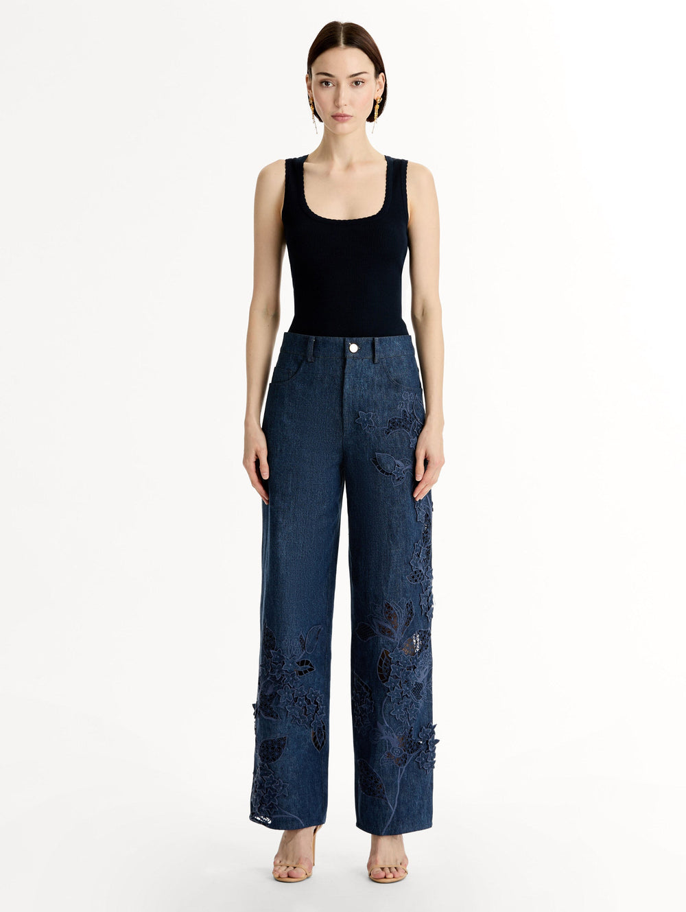 Oscar de la Renta Porcelain Flower Cutout Denim Pant