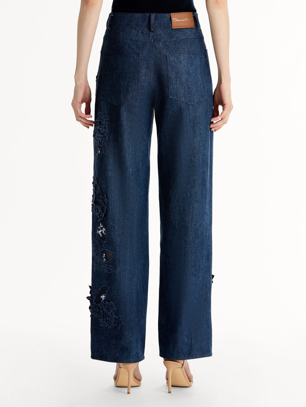 Oscar de la Renta Porcelain Flower Cutout Denim Pant