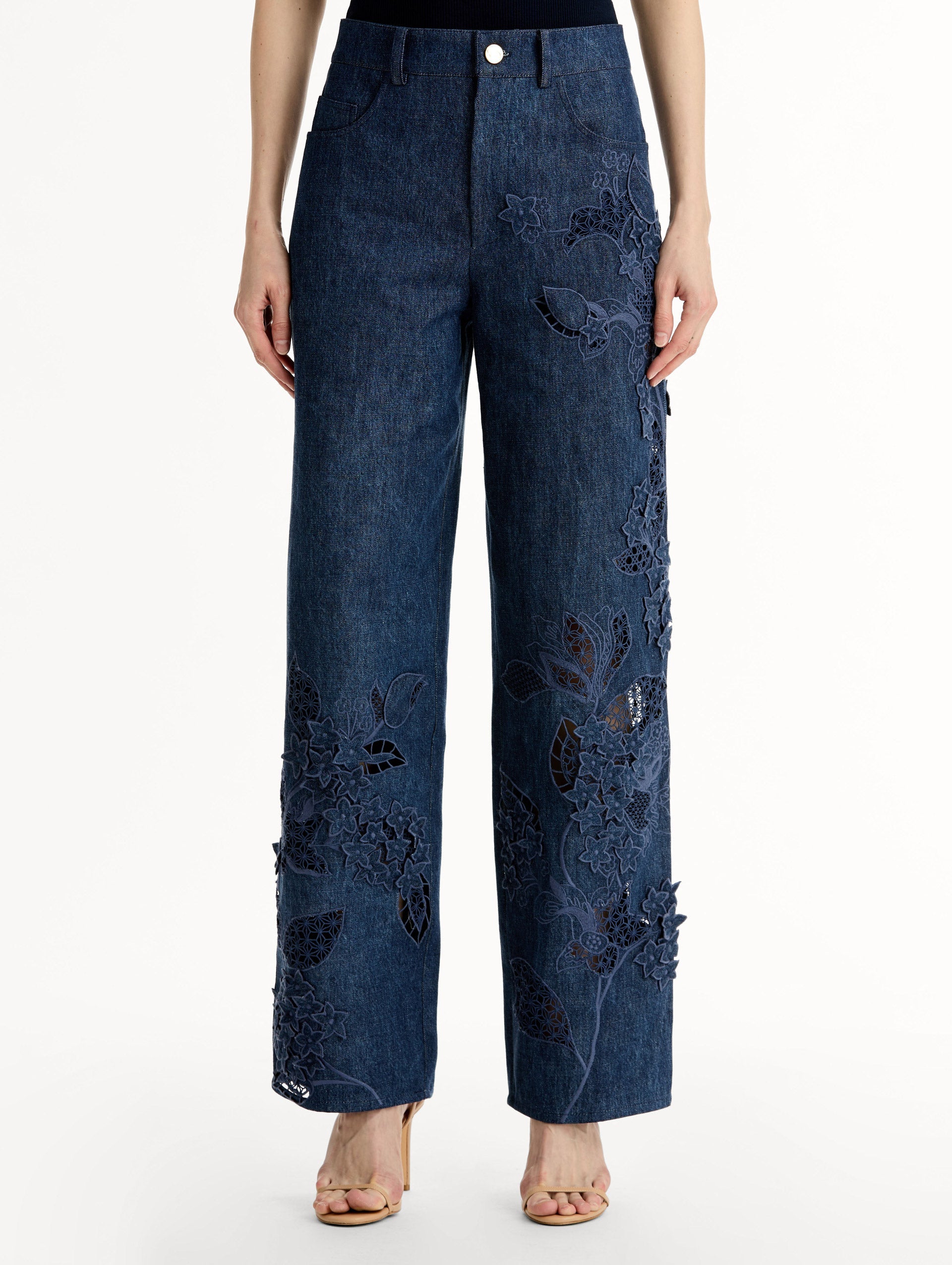 Oscar de la Renta Porcelain Flower Cutout Denim Pant