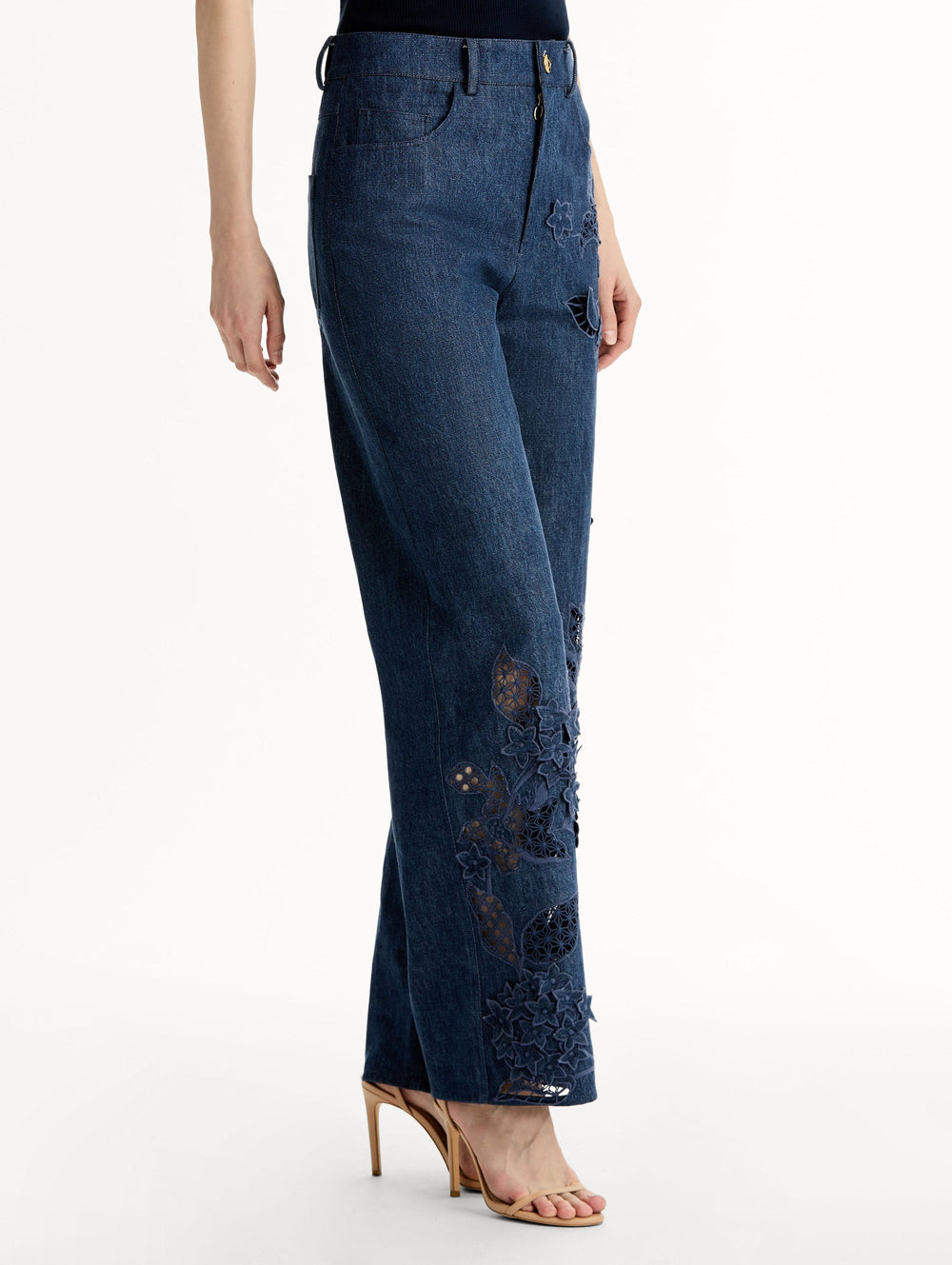 Oscar de la Renta Porcelain Flower Cutout Denim Pant