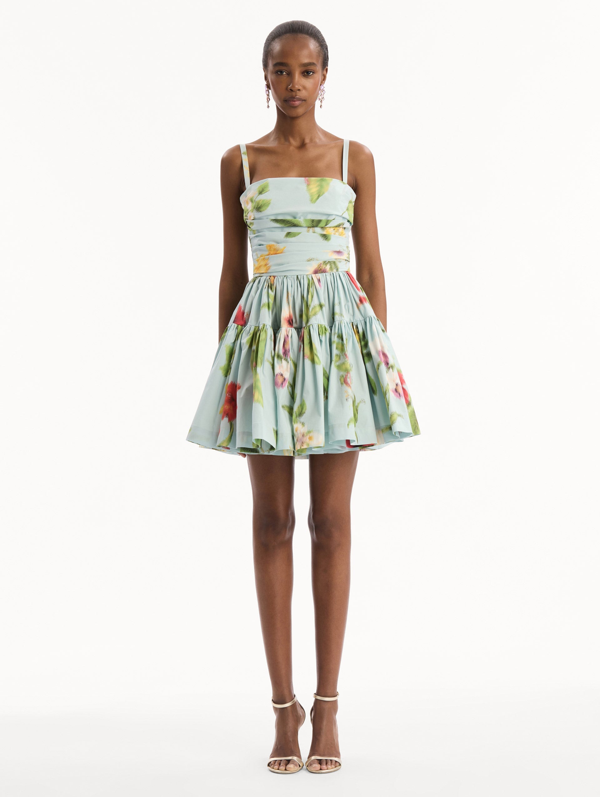 Oscar de la Renta Chiné Dominican Mixed-Floral Cotton Poplin Tiered Dress