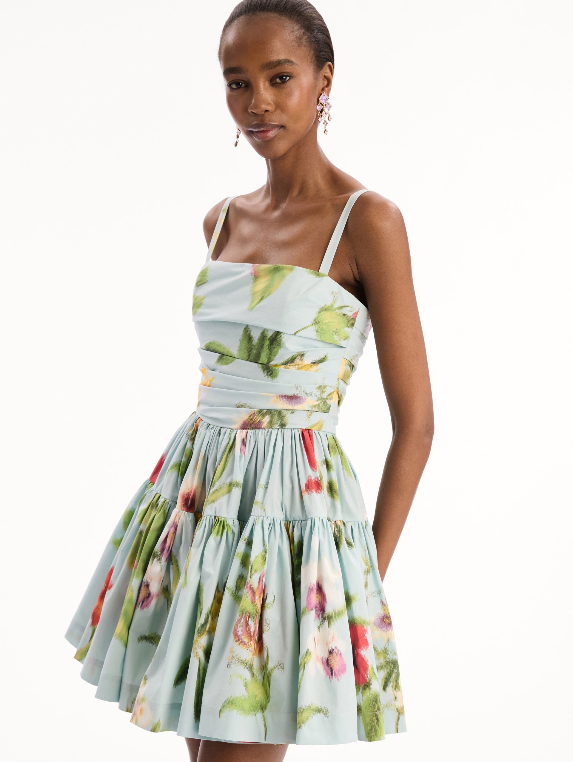 Oscar de la Renta Chiné Dominican Mixed-Floral Cotton Poplin Tiered Dress