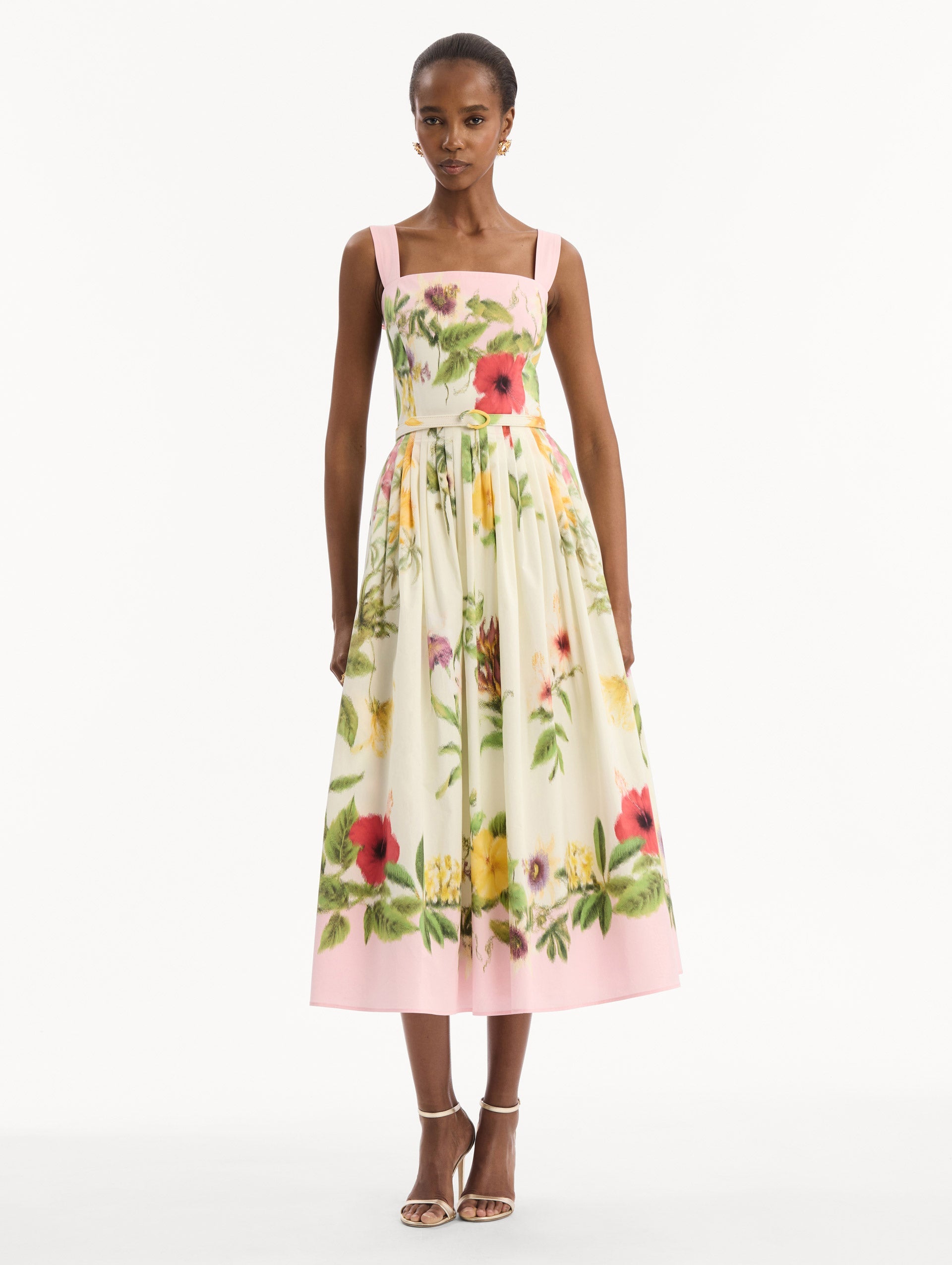 Oscar de la Renta Dominican Mixed-Floral Cotton Poplin Dress