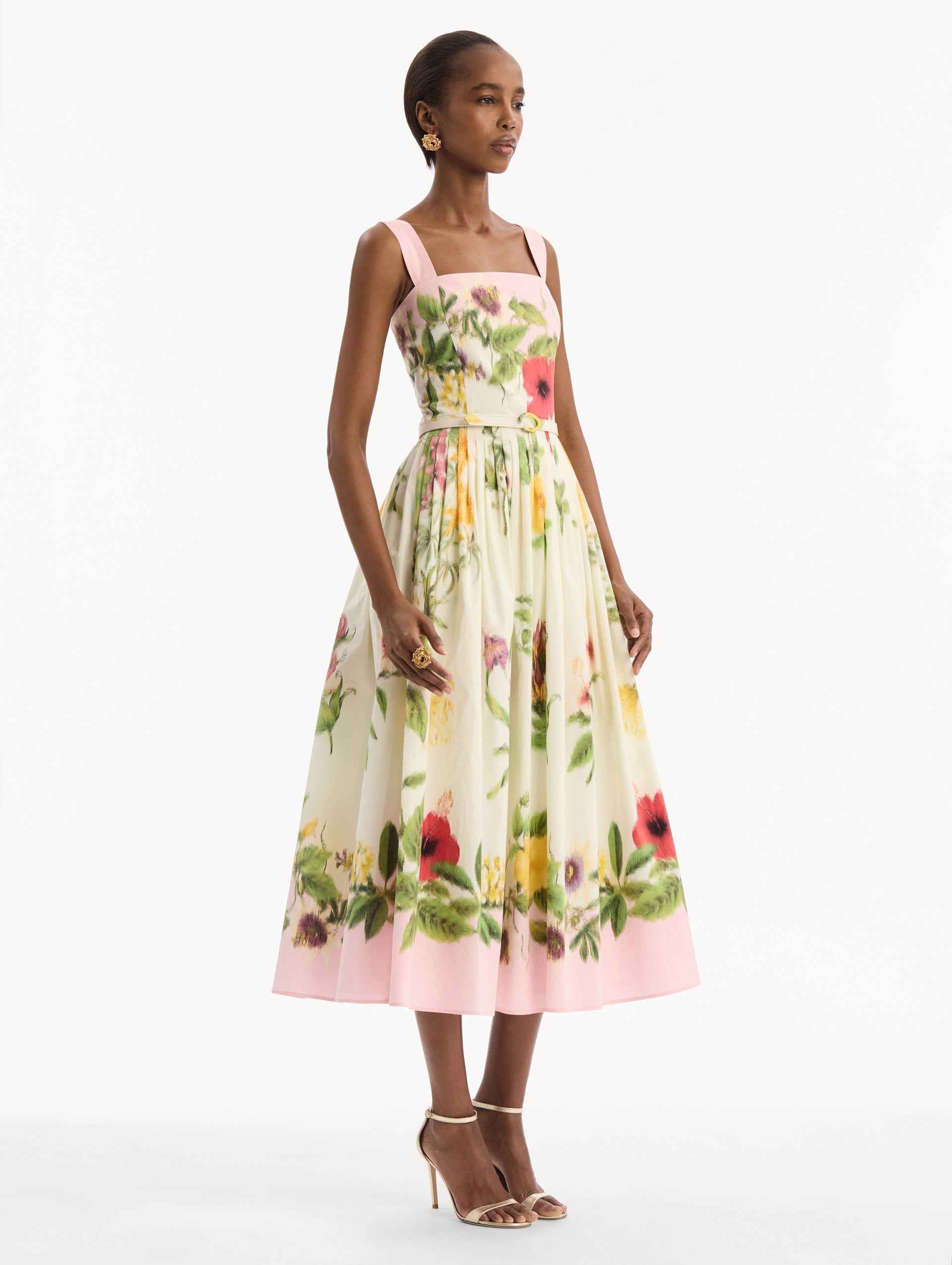 Oscar de la Renta Dominican Mixed-Floral Cotton Poplin Dress