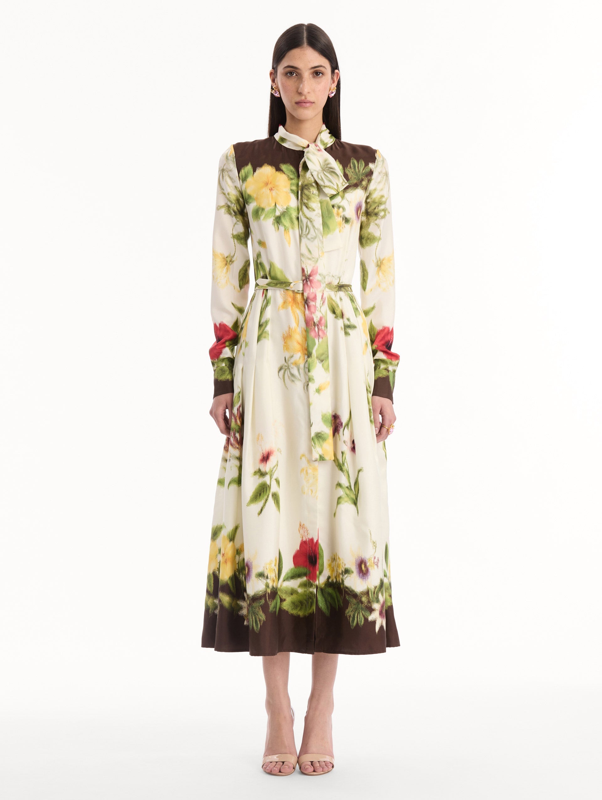 Oscar de la Renta Chiné Dominican Mixed-Floral Silk Twill Dress
