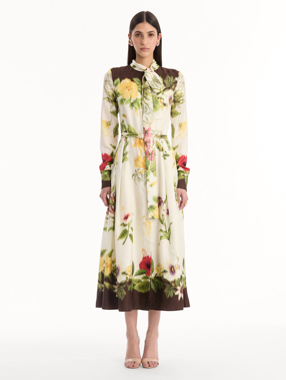 Oscar de la Renta Chiné Dominican Mixed-Floral Silk Twill Dress